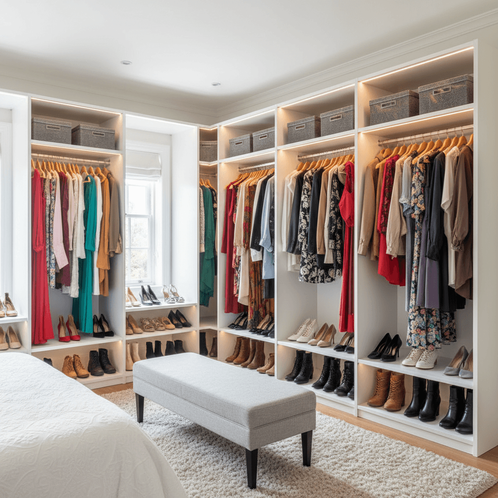 Closet planejado feminino: divisórias, iluminação e organização.
